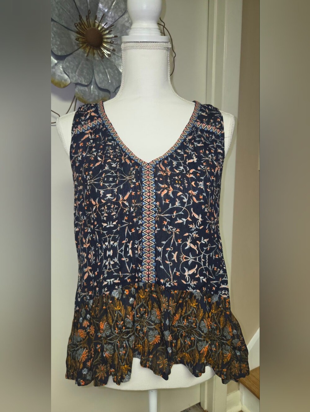 Sleeveless Navy Floral V-Neck Women's Top